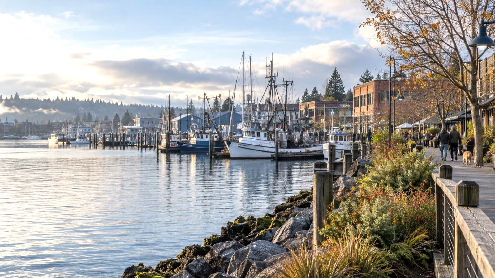 Illustrative view of fishing vessels, the Ballard Bridge, and the working waterfront across Salmon Bay.