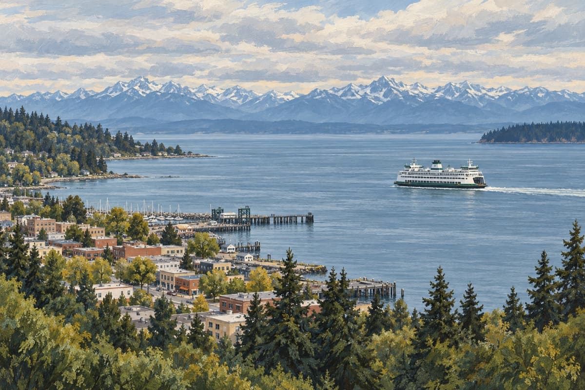 Illustrative view across the Salish Sea with Edmonds’ compact downtown waterfront, a ferry underway toward Kingston, evergreen shoreline, and the Olympic Mountains.