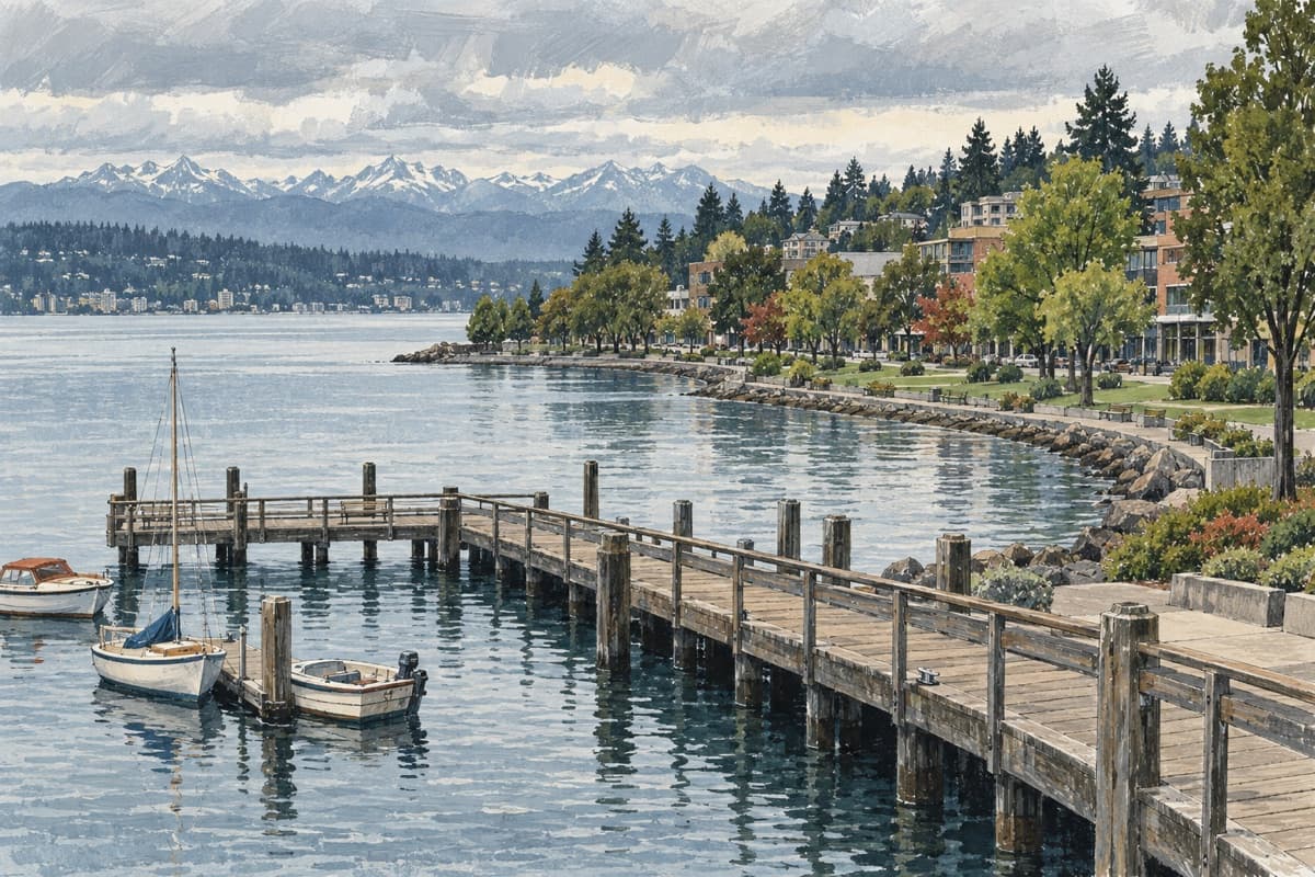 Illustrative view of Marina Park’s public pier, small craft, Moss Bay, downtown Kirkland, and the distant lake shore.