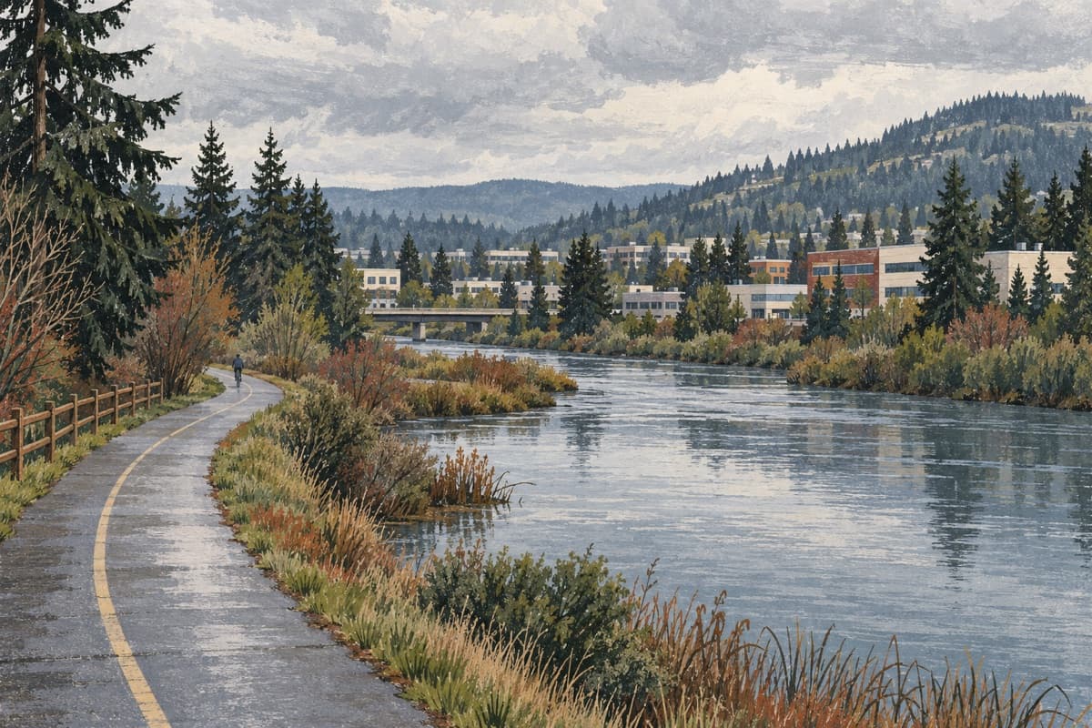 Illustrative view of the Sammamish River and regional trail curving past low commercial buildings, evergreens, and wooded plateau slopes in Redmond.