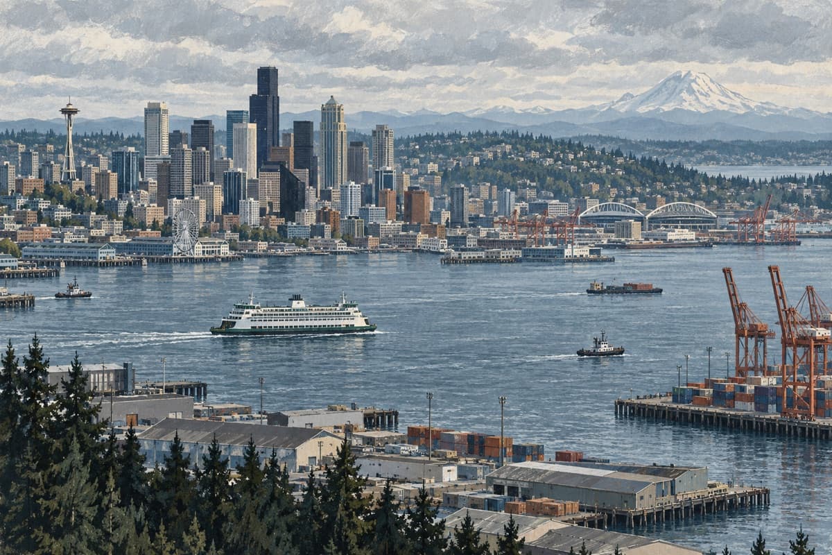 Illustrative view across Elliott Bay with a ferry, container cranes, Seattle’s downtown skyline, wooded hills, and distant Mount Rainier.