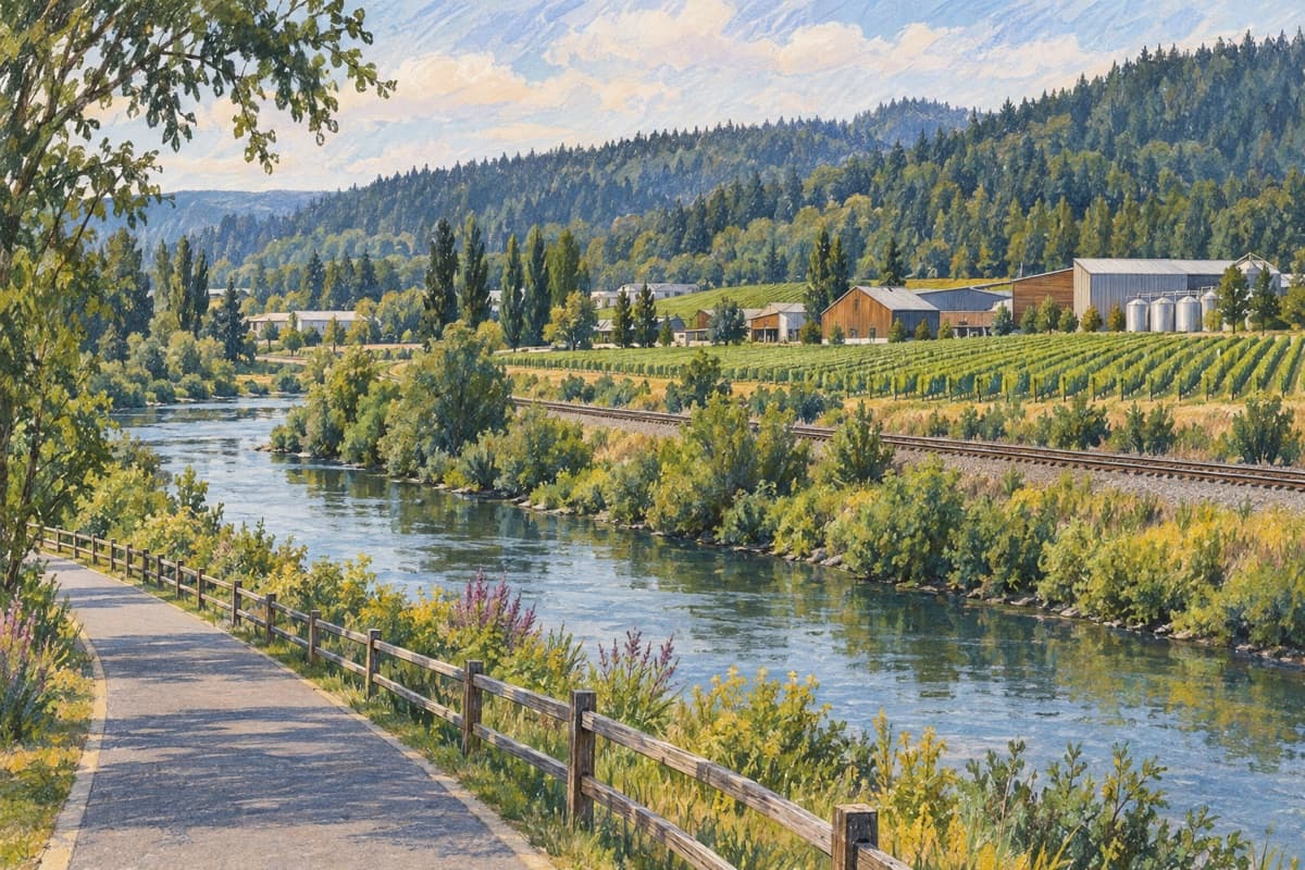 Illustrative view of the Sammamish River, regional trail, cultivated land, and wooded slopes in Woodinville.